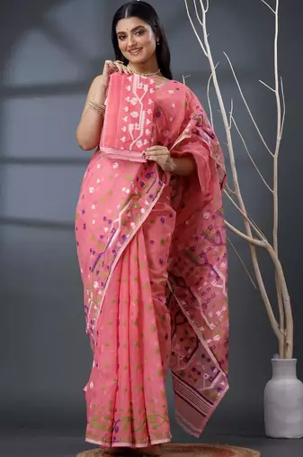 pink ethnic motifs silk cotton handloom jamdani saree
