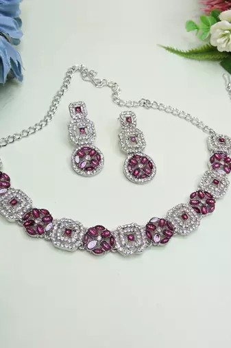 Purple color rhodium plating festive wear designer necklace set