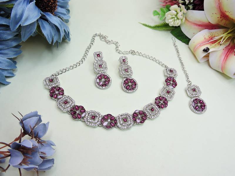 Purple color rhodium plating festive wear designer necklace set