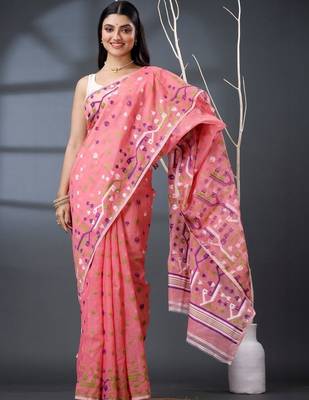 pink ethnic motifs silk cotton handloom jamdani saree 3