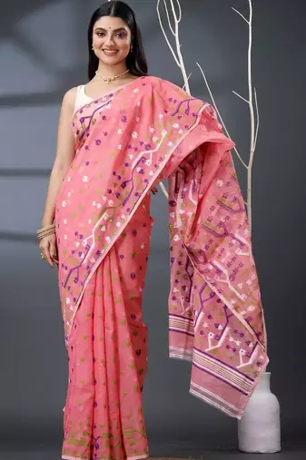 pink ethnic motifs silk cotton handloom jamdani saree