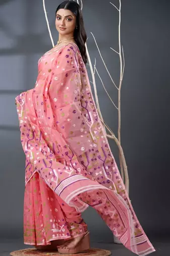 pink ethnic motifs silk cotton handloom jamdani saree