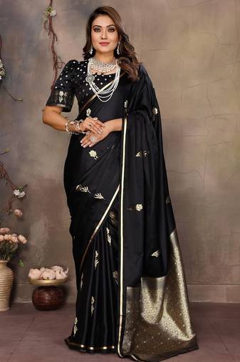 black ethnic motifs zari silk blend banarasi saree