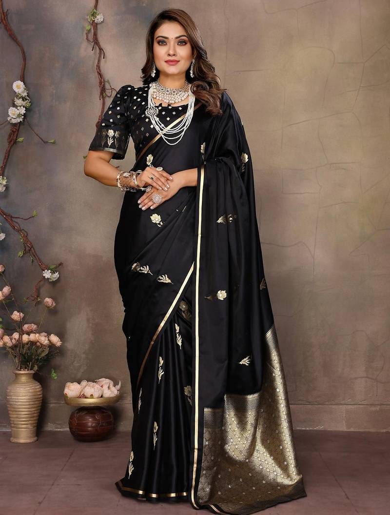 black ethnic motifs zari silk blend banarasi saree