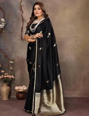 black ethnic motifs zari silk blend banarasi saree 2