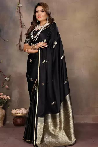 black ethnic motifs zari silk blend banarasi saree
