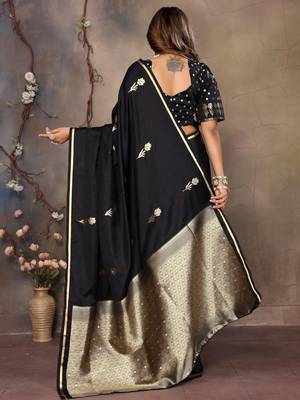 black ethnic motifs zari silk blend banarasi saree 3
