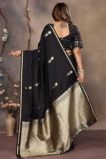 black ethnic motifs zari silk blend banarasi saree