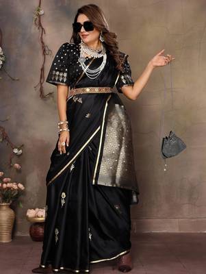 black ethnic motifs zari silk blend banarasi saree 4