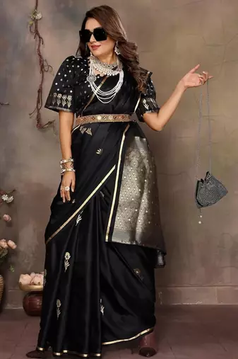 black ethnic motifs zari silk blend banarasi saree