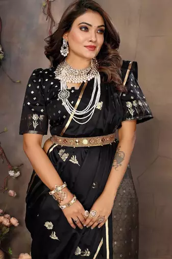 black ethnic motifs zari silk blend banarasi saree