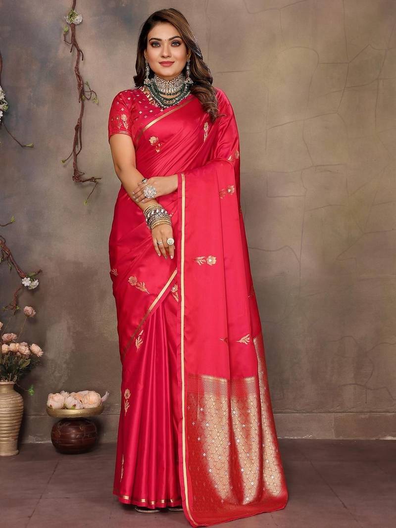 pink ethnic motifs zari silk blend banarasi saree