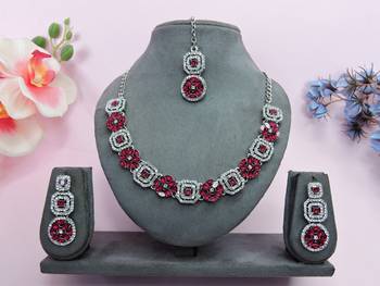 Pink color rhodium plating festive wear designer necklace set 1