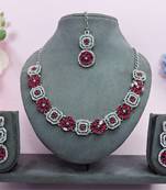 Pink color rhodium plating festive wear designer necklace set