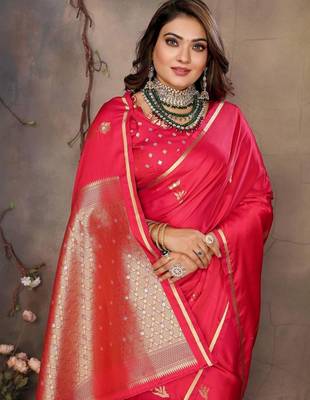 pink ethnic motifs zari silk blend banarasi saree 5
