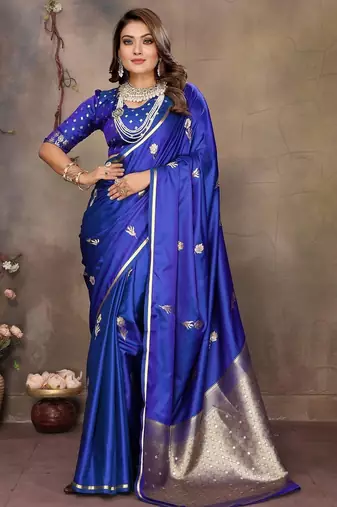 blue ethnic motifs zari silk blend banarasi saree