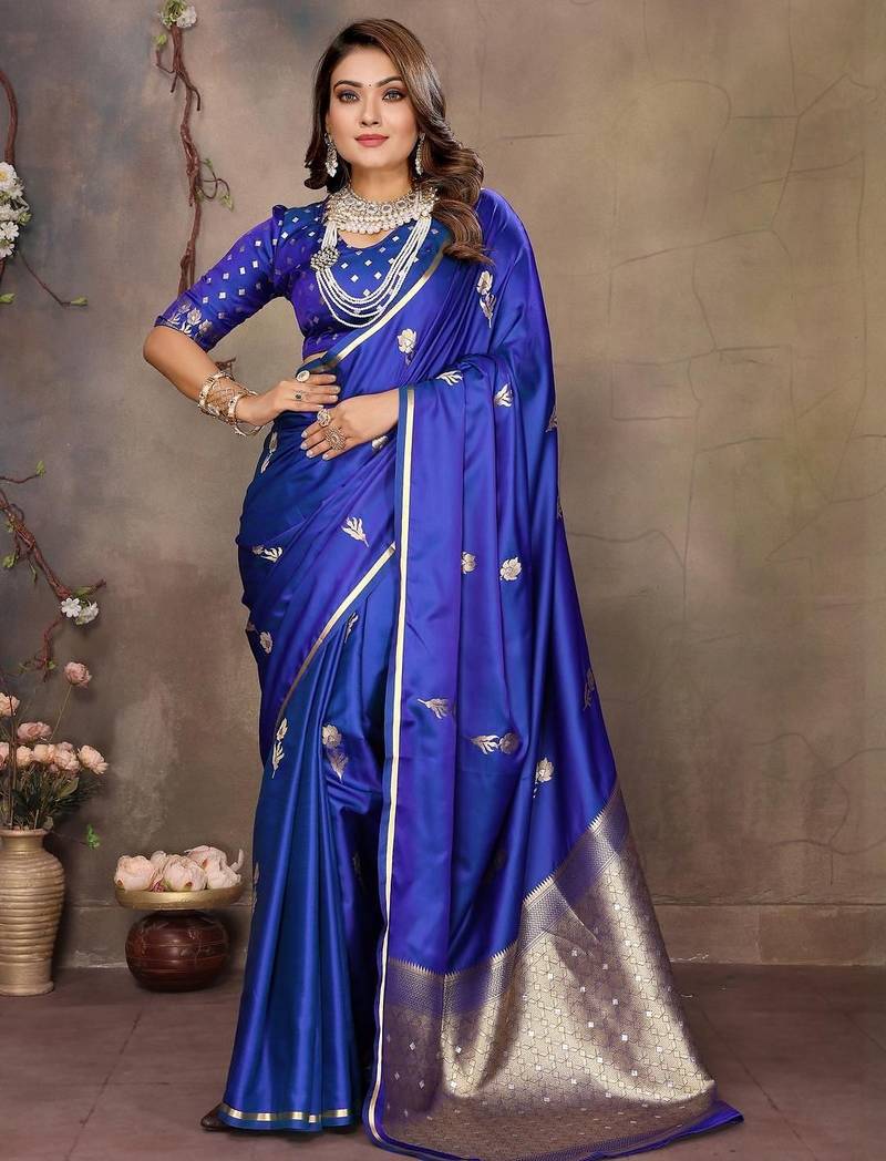 blue ethnic motifs zari silk blend banarasi saree