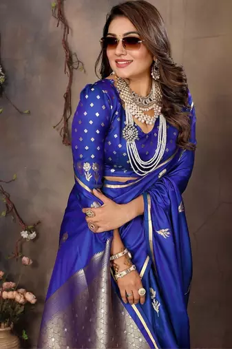 blue ethnic motifs zari silk blend banarasi saree