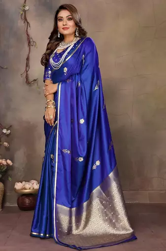 blue ethnic motifs zari silk blend banarasi saree