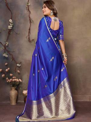 blue ethnic motifs zari silk blend banarasi saree 4