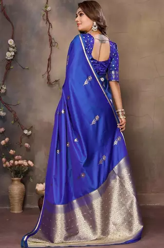 blue ethnic motifs zari silk blend banarasi saree