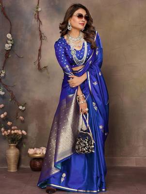 blue ethnic motifs zari silk blend banarasi saree 5