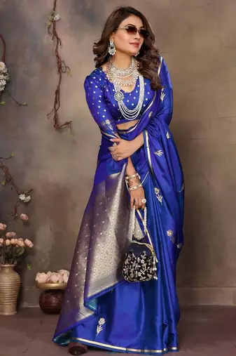 blue ethnic motifs zari silk blend banarasi saree