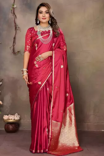 magenta ethnic motifs zari silk blend banarasi saree