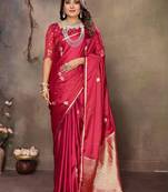 magenta ethnic motifs zari silk blend banarasi saree