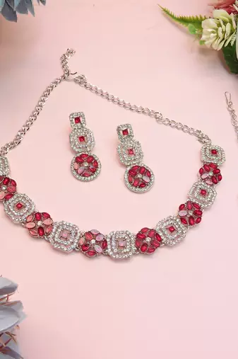 Pink color rhodium plating festive wear designer necklace set