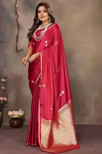 magenta ethnic motifs zari silk blend banarasi saree