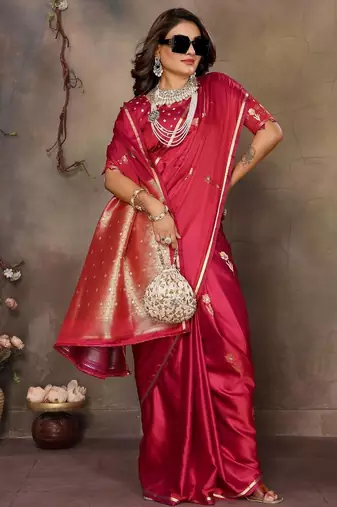 magenta ethnic motifs zari silk blend banarasi saree