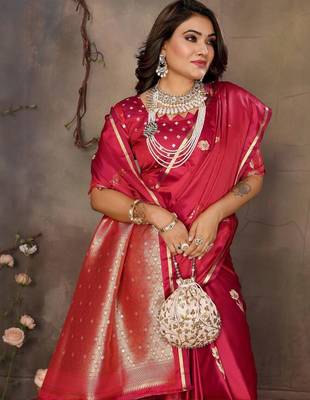 magenta ethnic motifs zari silk blend banarasi saree 5
