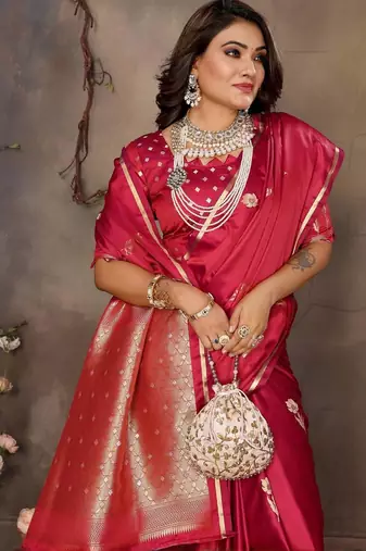 magenta ethnic motifs zari silk blend banarasi saree