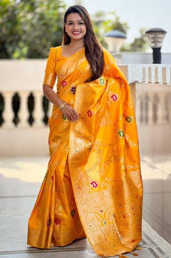 yellow woven design zari silk blend banarasi saree