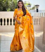 yellow woven design zari silk blend banarasi saree