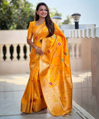 yellow woven design zari silk blend banarasi saree 2
