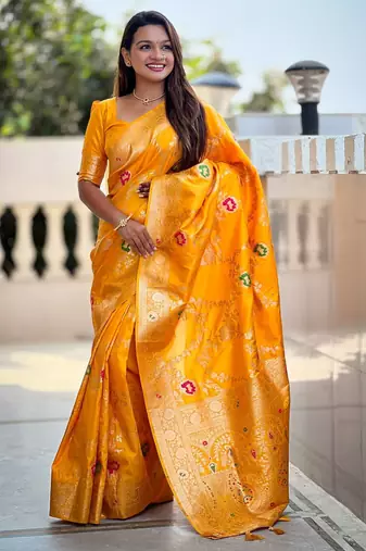 yellow woven design zari silk blend banarasi saree