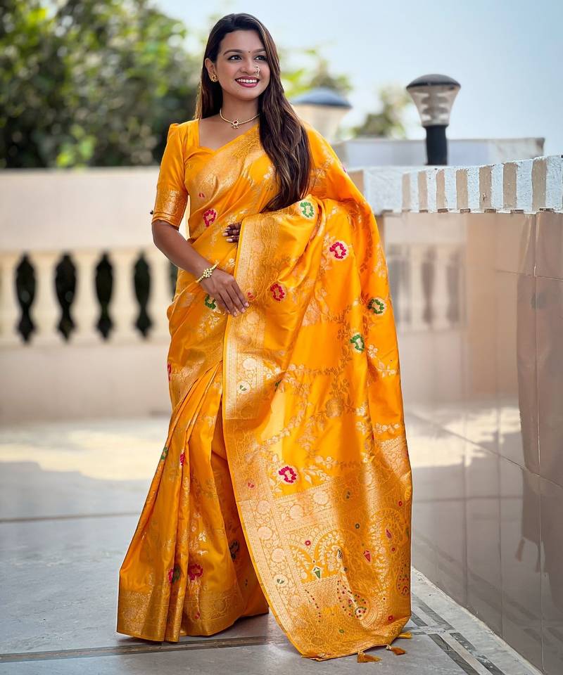 yellow woven design zari silk blend banarasi saree