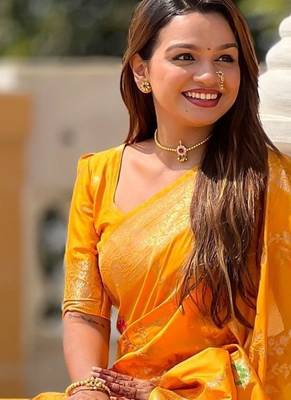 yellow woven design zari silk blend banarasi saree 3