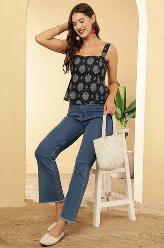 Navy-blue cotton printed top for women
