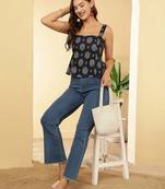 Navy-blue cotton printed top for women