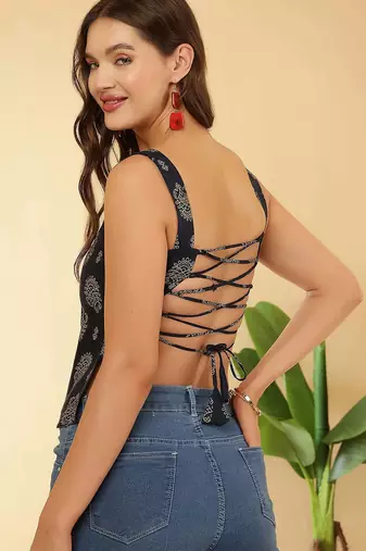 Navy-blue cotton printed top for women