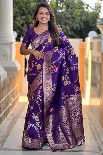 purple woven design zari banarasi saree