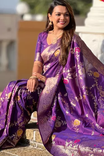 purple woven design zari banarasi saree