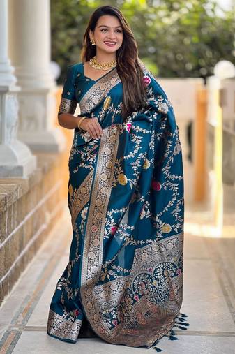 blue woven design zari banarasi saree