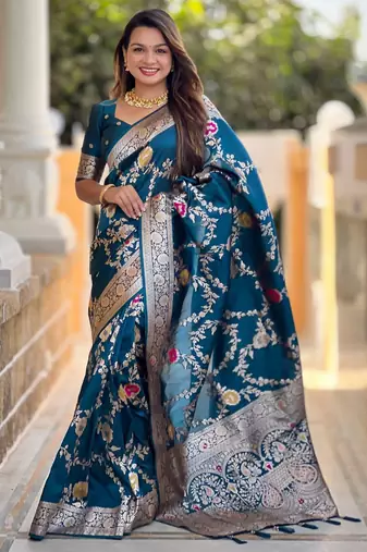 blue woven design zari banarasi saree
