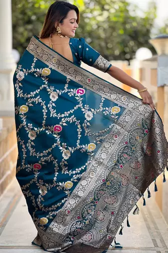 blue woven design zari banarasi saree