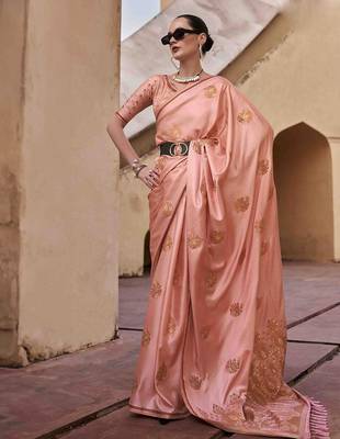 peach woven design zari saree 1