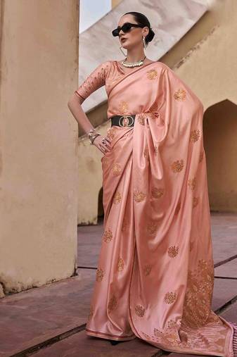 peach woven design zari saree